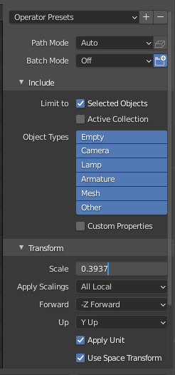 Export settings